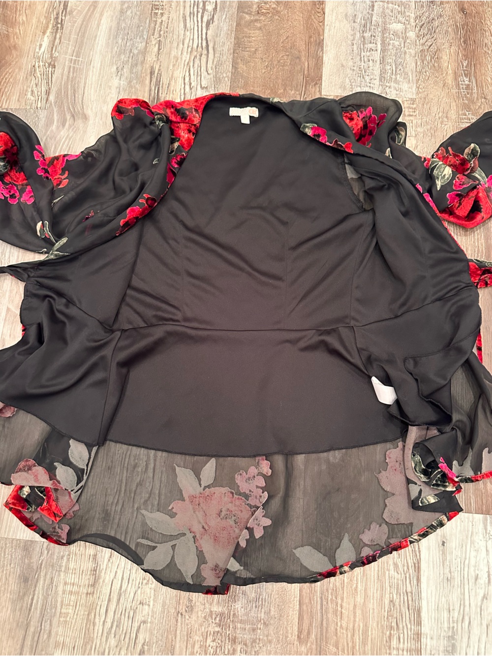 Velvet Burnout Dark Floral Sheer V Neck Floral Tie-Front Blouse Kimono Sz M - Picture 9 of 11